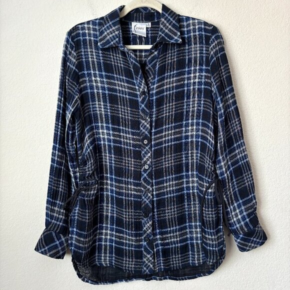 Finley Rhett Shimmer Plaid Button Down Shirt Flattering Ruched Tie Sides - Picture 1 of 14